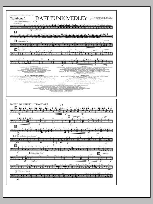 Tom Wallace Daft Punk Medley - Trombone 2 Sheet Music Notes & Chords for Marching Band - Download or Print PDF