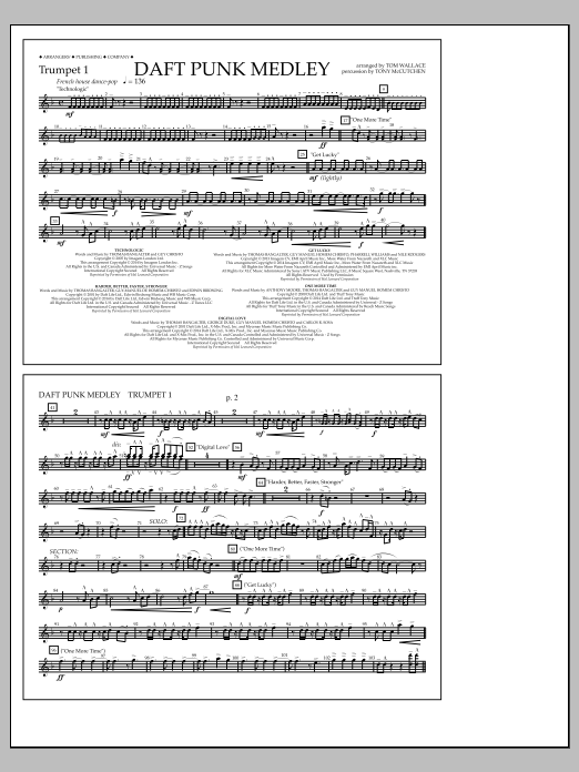 Tom Wallace Daft Punk Medley - Trumpet 1 Sheet Music Notes & Chords for Marching Band - Download or Print PDF