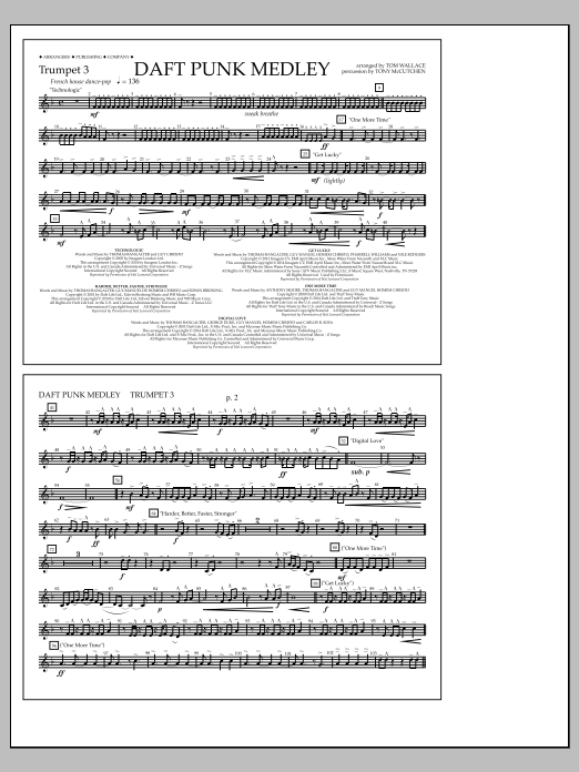 Tom Wallace Daft Punk Medley - Trumpet 3 Sheet Music Notes & Chords for Marching Band - Download or Print PDF