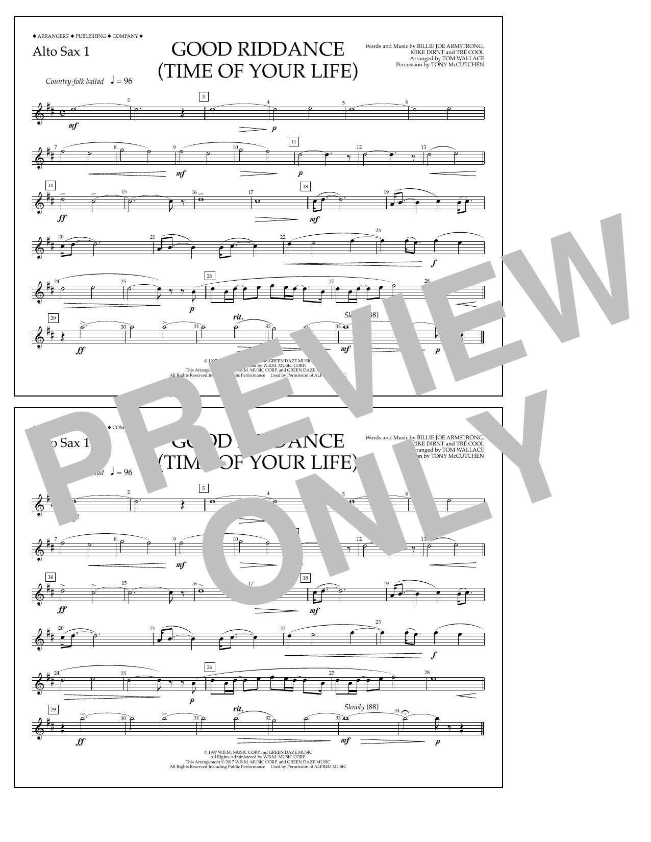 Tom Wallace Good Riddance (Time of Your Life) - Alto Sax 1 Sheet Music Notes & Chords for Marching Band - Download or Print PDF