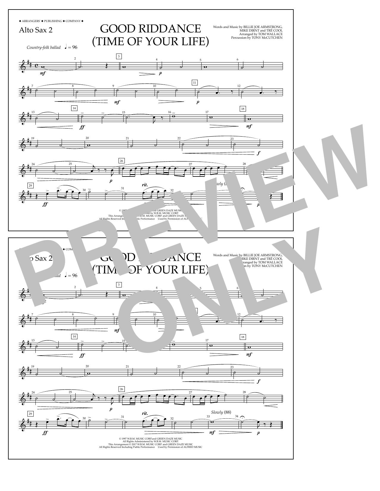 Tom Wallace Good Riddance (Time of Your Life) - Alto Sax 2 Sheet Music Notes & Chords for Marching Band - Download or Print PDF