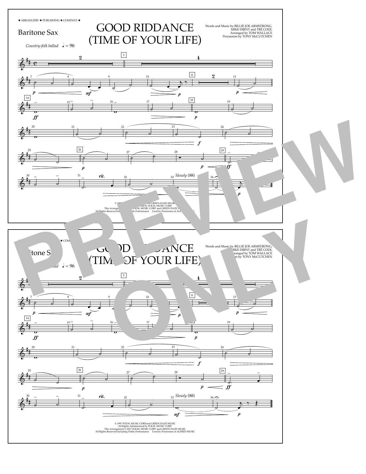 Tom Wallace Good Riddance (Time of Your Life) - Baritone Sax Sheet Music Notes & Chords for Marching Band - Download or Print PDF