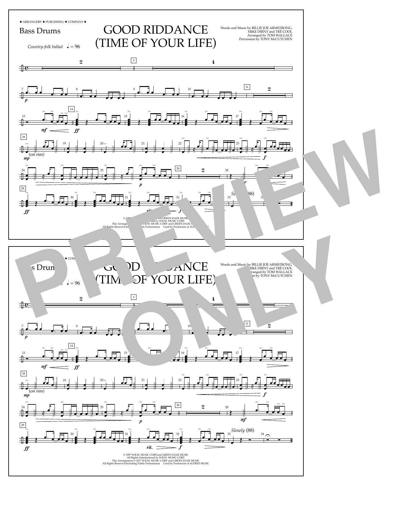 Tom Wallace Good Riddance (Time of Your Life) - Bass Drums Sheet Music Notes & Chords for Marching Band - Download or Print PDF