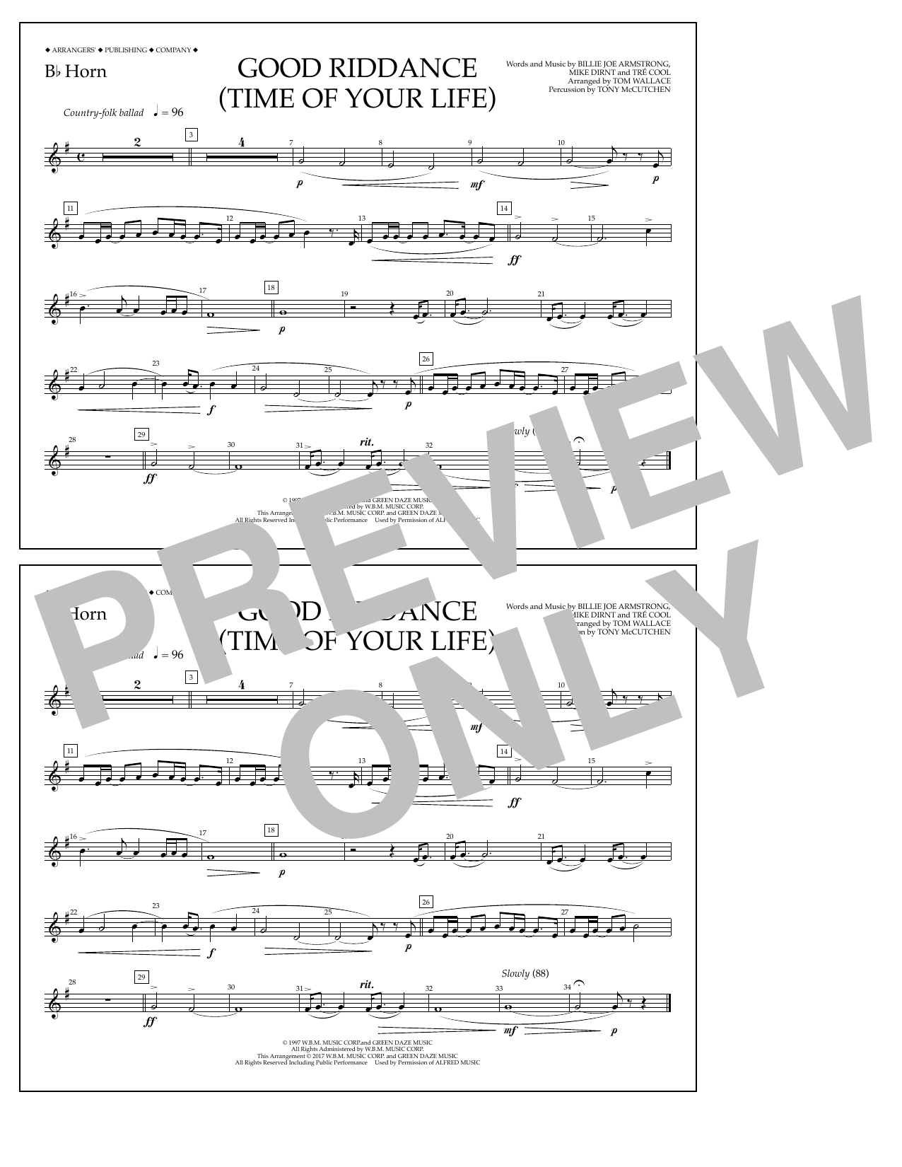 Tom Wallace Good Riddance (Time of Your Life) - Bb Horn Sheet Music Notes & Chords for Marching Band - Download or Print PDF