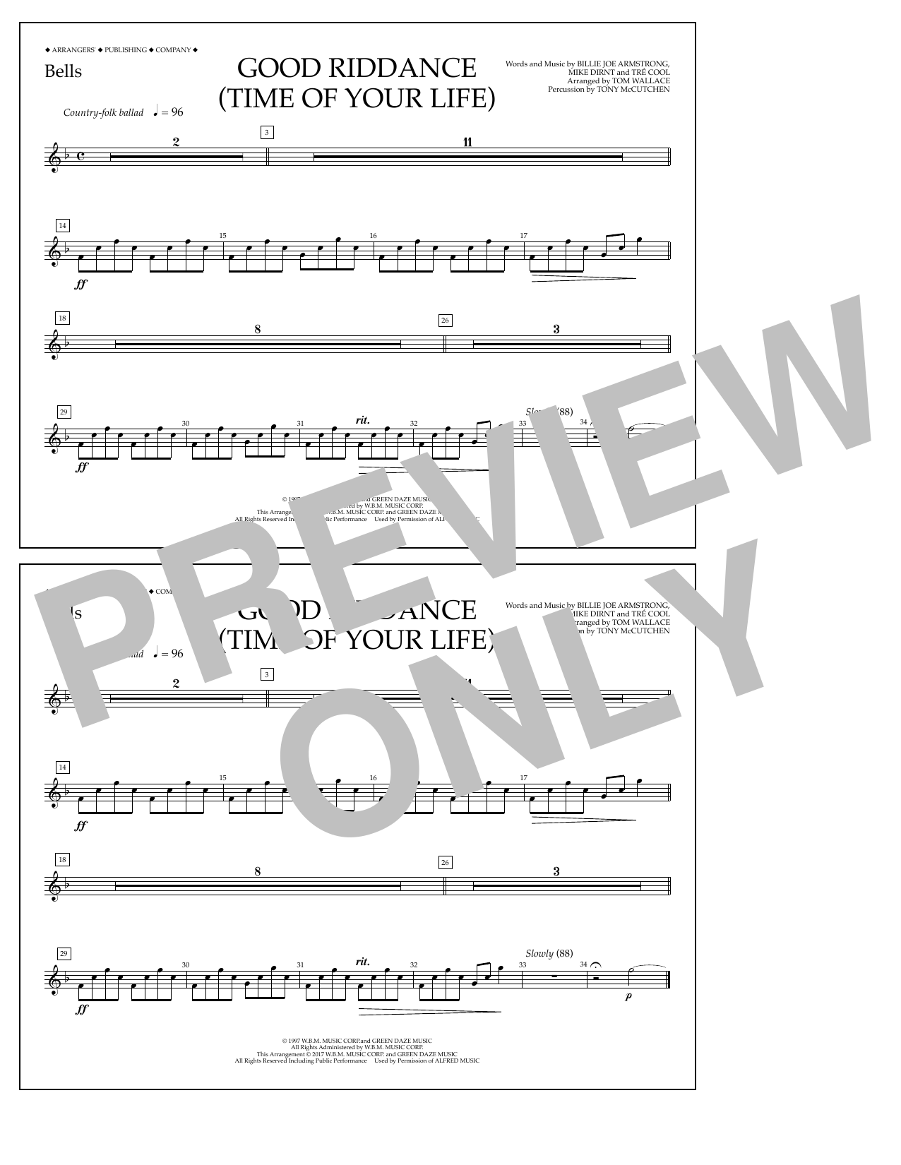Tom Wallace Good Riddance (Time of Your Life) - Bells Sheet Music Notes & Chords for Marching Band - Download or Print PDF
