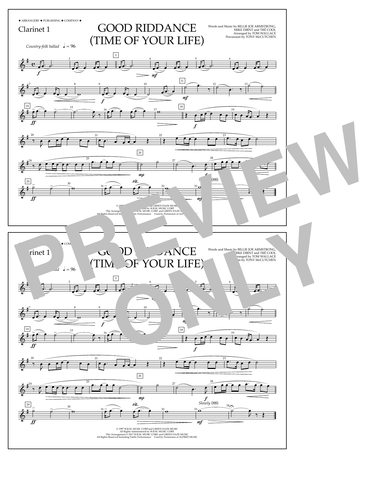 Tom Wallace Good Riddance (Time of Your Life) - Clarinet 1 Sheet Music Notes & Chords for Marching Band - Download or Print PDF