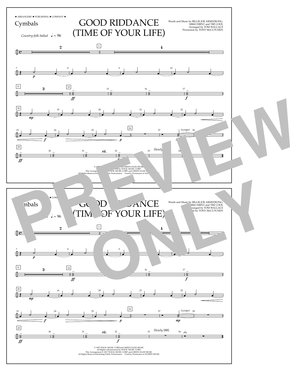 Tom Wallace Good Riddance (Time of Your Life) - Cymbals Sheet Music Notes & Chords for Marching Band - Download or Print PDF