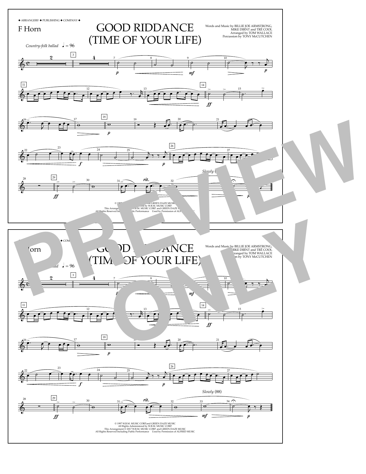 Tom Wallace Good Riddance (Time of Your Life) - F Horn Sheet Music Notes & Chords for Marching Band - Download or Print PDF