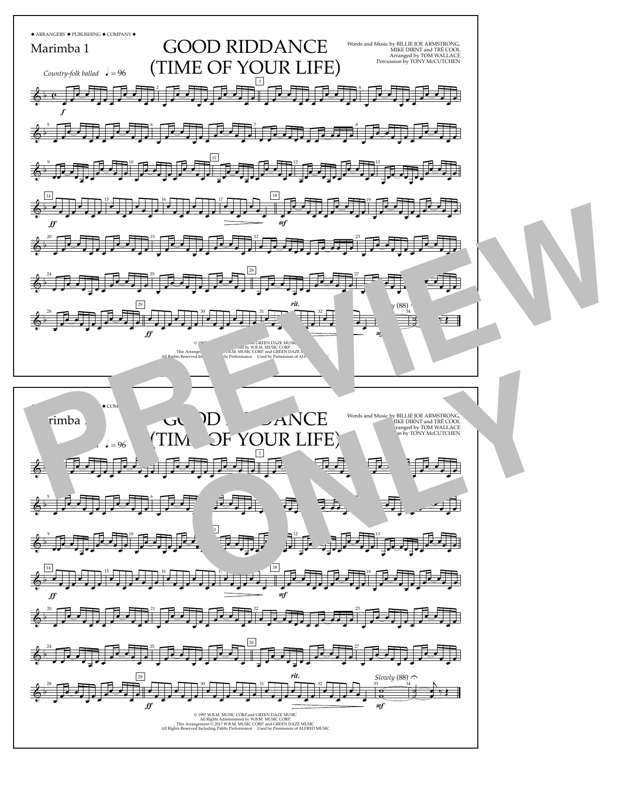 Tom Wallace Good Riddance (Time of Your Life) - Marimba 1 Sheet Music Notes & Chords for Marching Band - Download or Print PDF