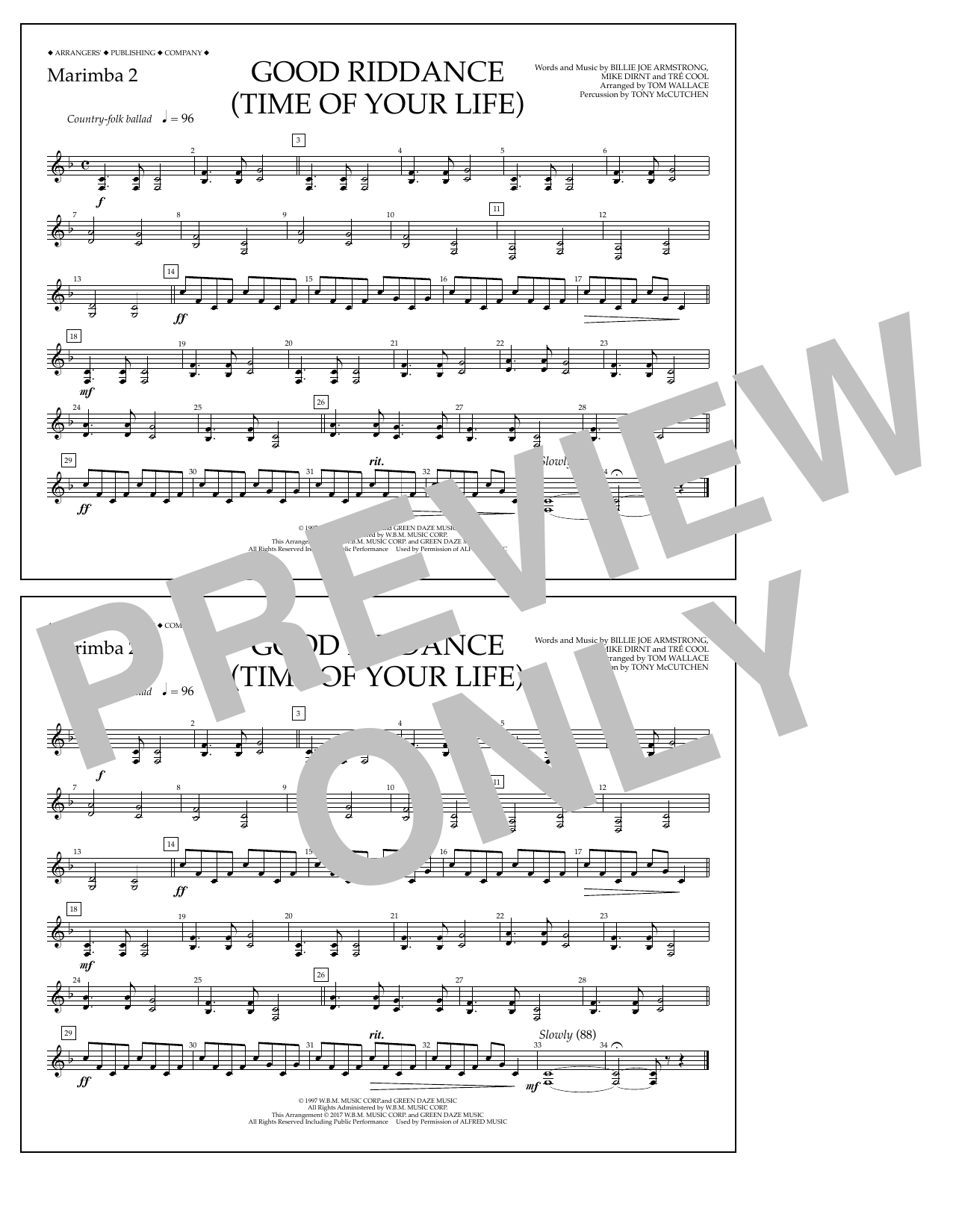 Tom Wallace Good Riddance (Time of Your Life) - Marimba 2 Sheet Music Notes & Chords for Marching Band - Download or Print PDF