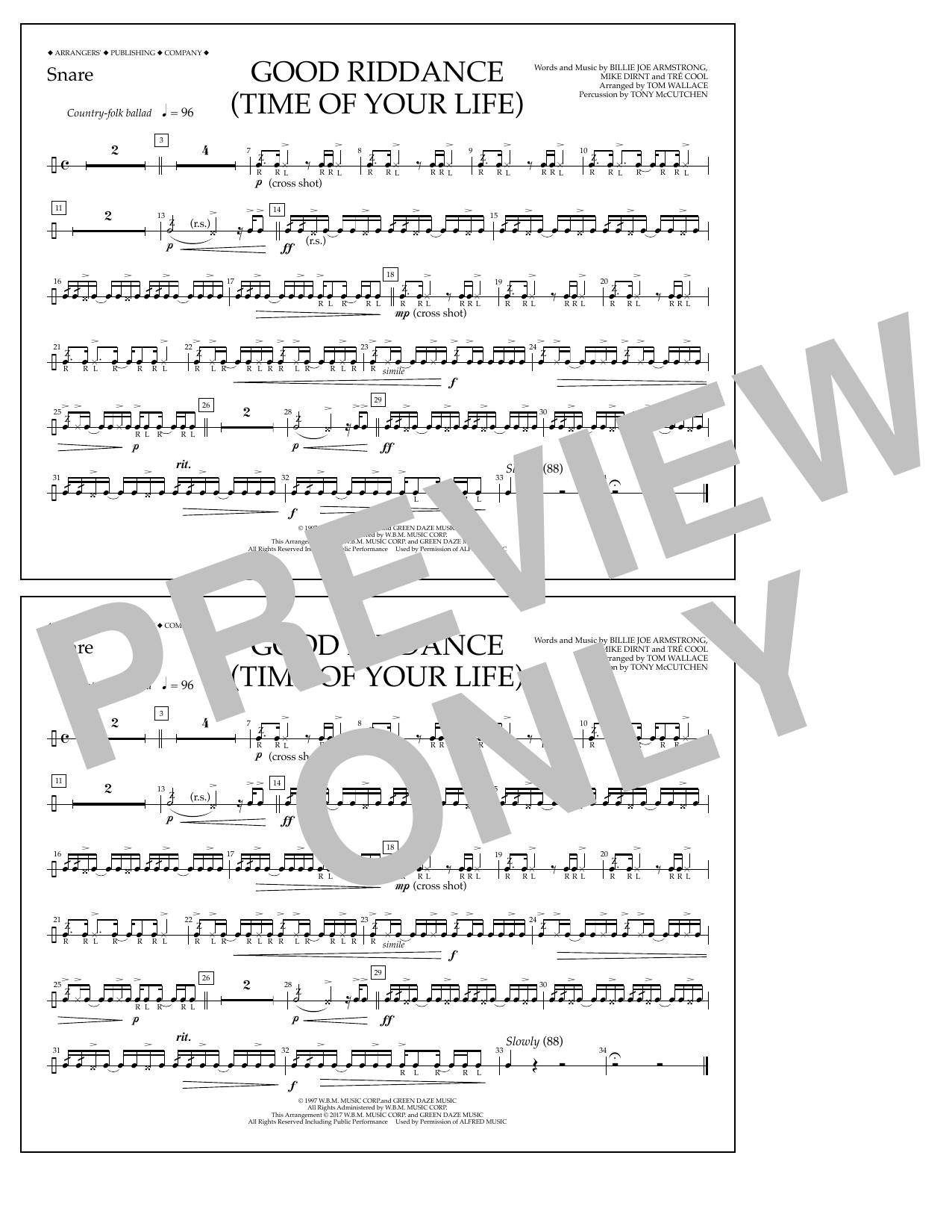 Tom Wallace Good Riddance (Time of Your Life) - Snare Sheet Music Notes & Chords for Marching Band - Download or Print PDF