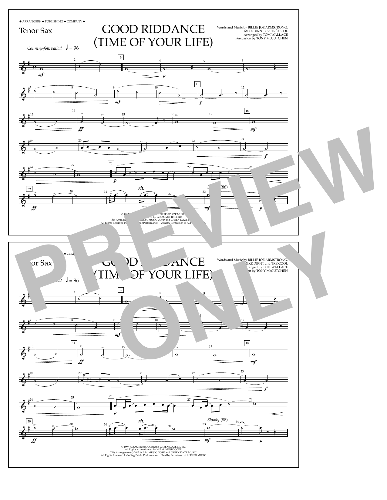 Tom Wallace Good Riddance (Time of Your Life) - Tenor Sax Sheet Music Notes & Chords for Marching Band - Download or Print PDF