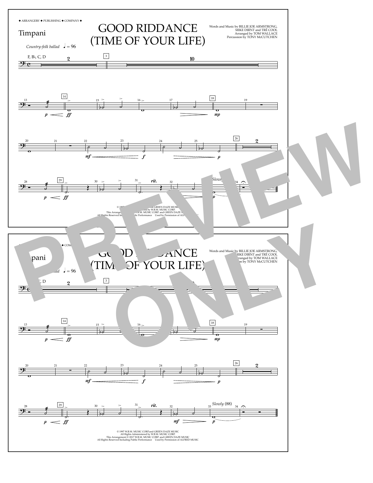 Tom Wallace Good Riddance (Time of Your Life) - Timpani Sheet Music Notes & Chords for Marching Band - Download or Print PDF