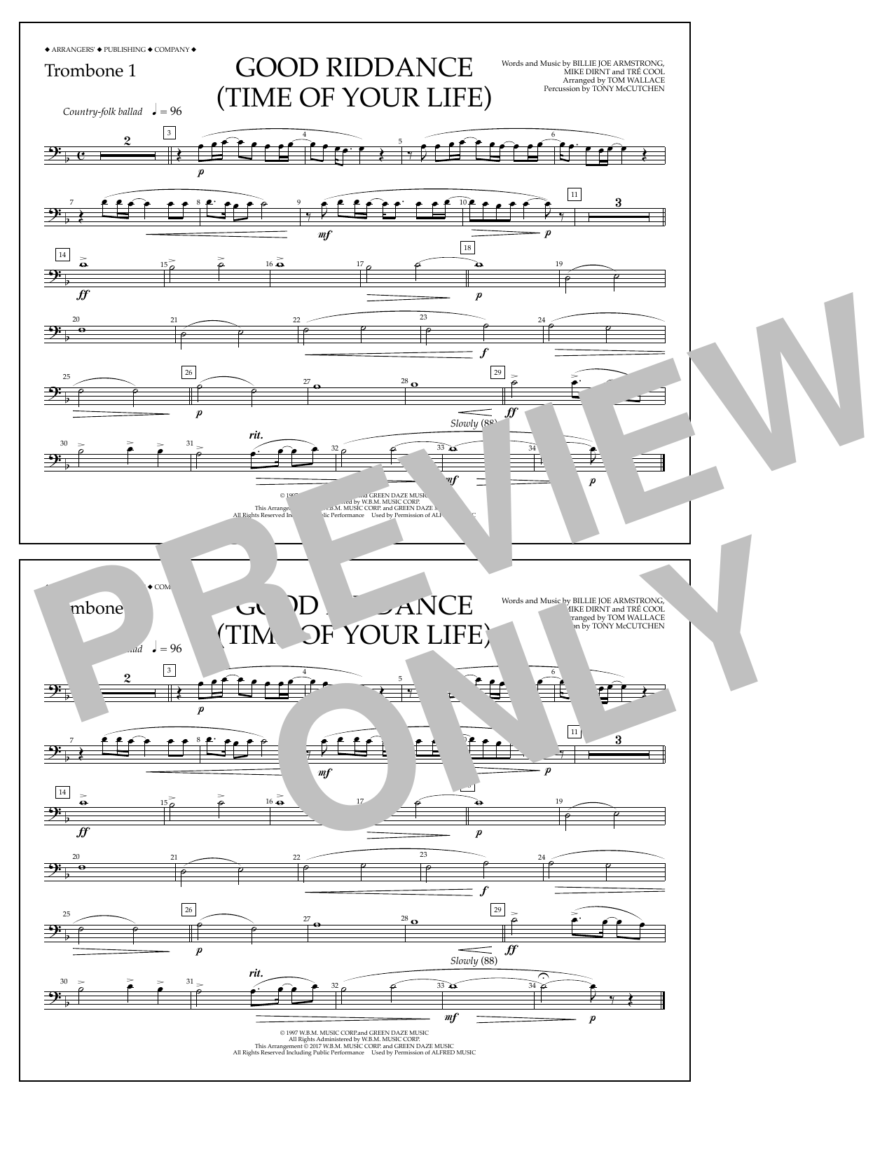 Tom Wallace Good Riddance (Time of Your Life) - Trombone 1 Sheet Music Notes & Chords for Marching Band - Download or Print PDF