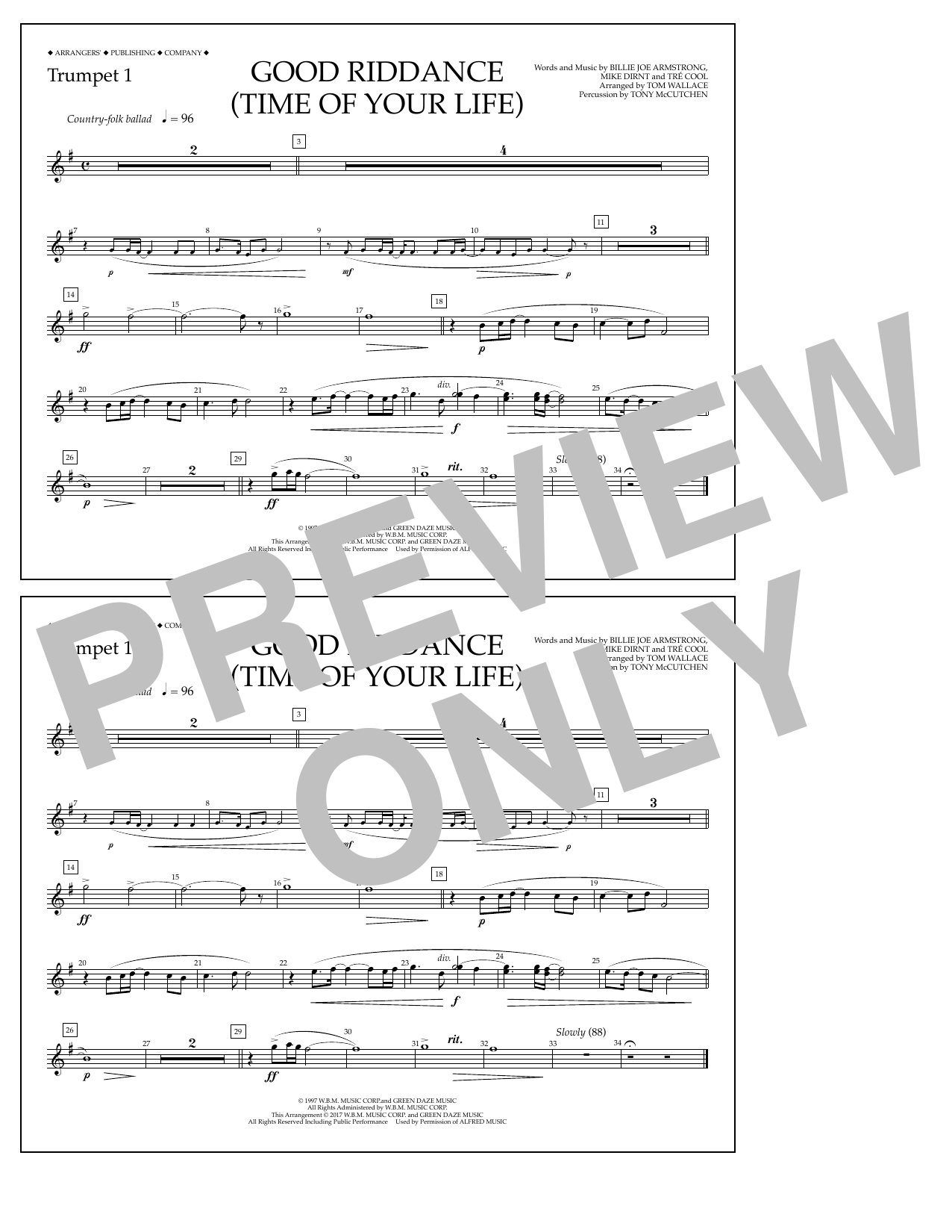Tom Wallace Good Riddance (Time of Your Life) - Trumpet 1 Sheet Music Notes & Chords for Marching Band - Download or Print PDF