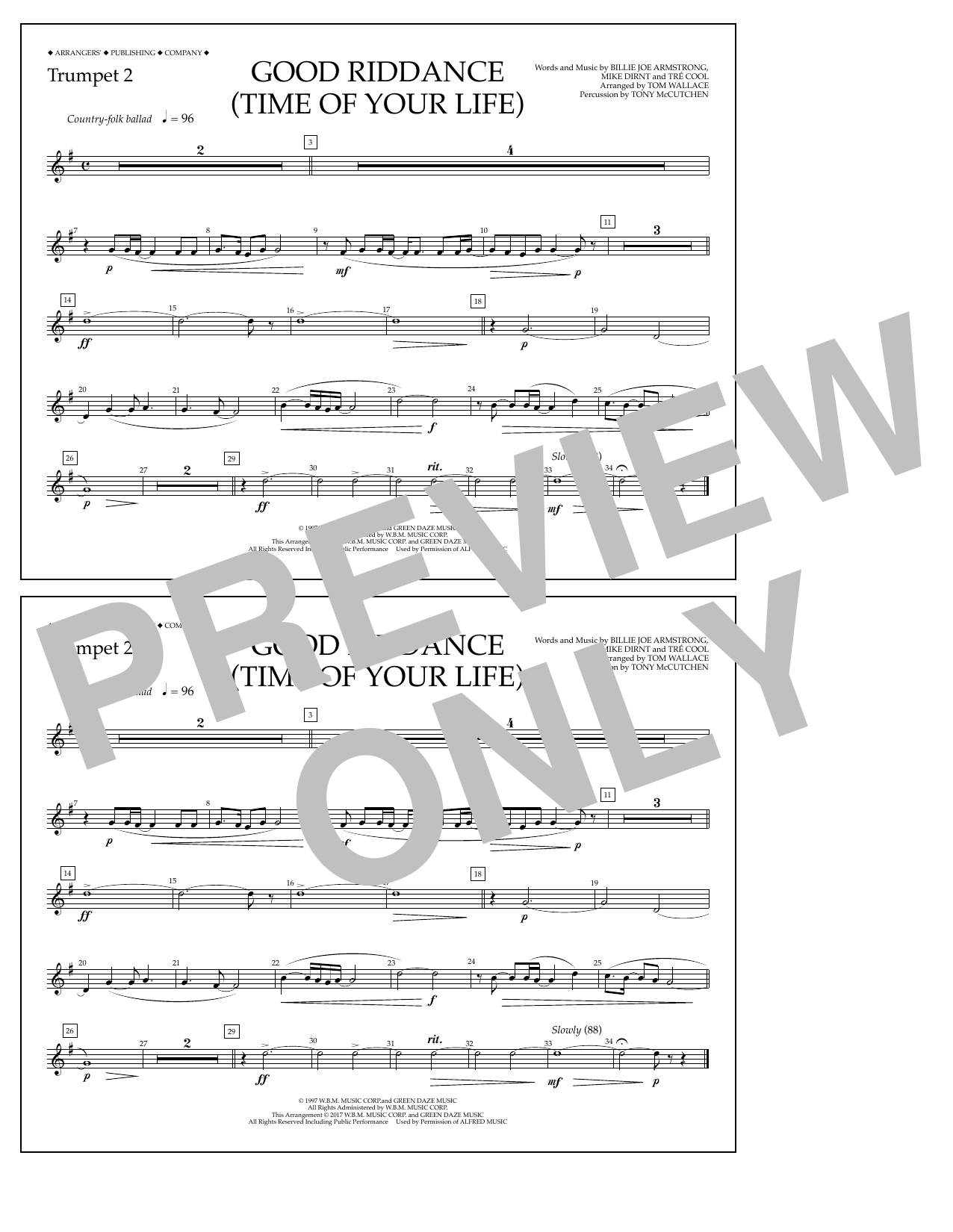 Tom Wallace Good Riddance (Time of Your Life) - Trumpet 2 Sheet Music Notes & Chords for Marching Band - Download or Print PDF