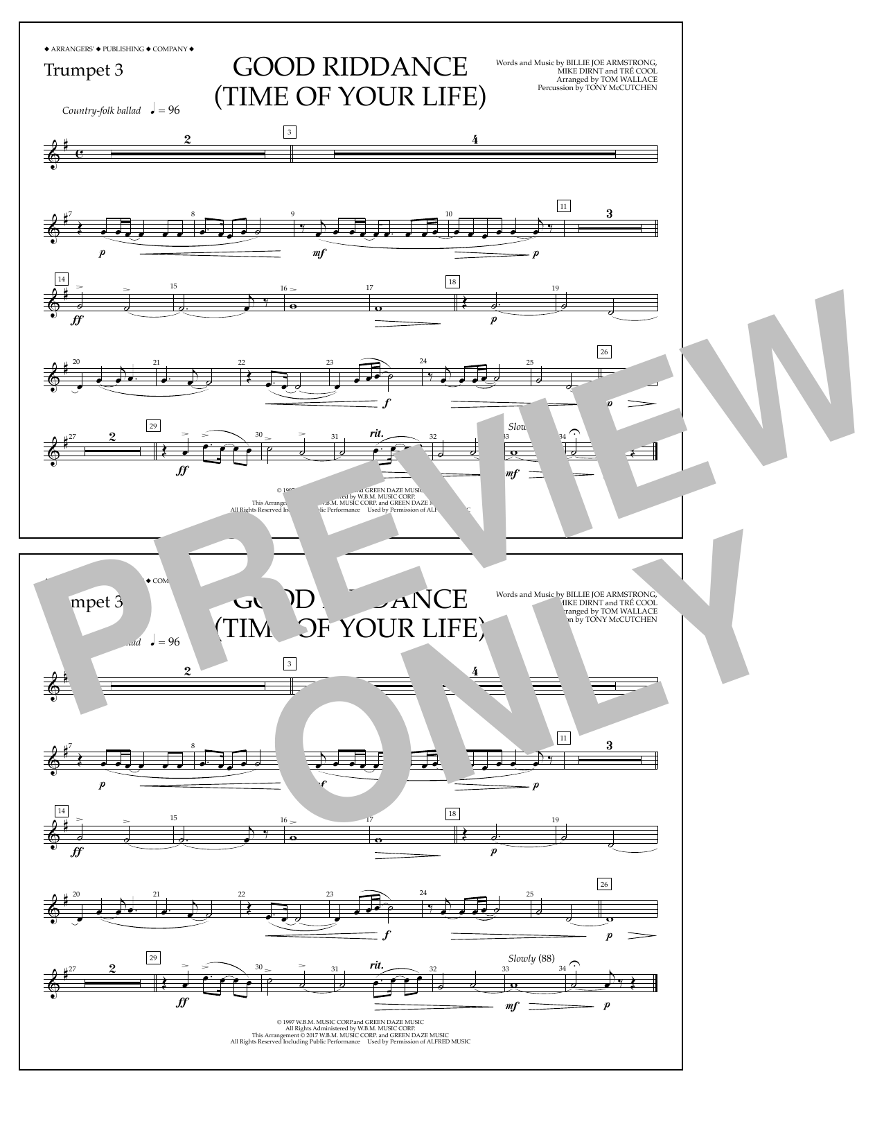 Tom Wallace Good Riddance (Time of Your Life) - Trumpet 3 Sheet Music Notes & Chords for Marching Band - Download or Print PDF