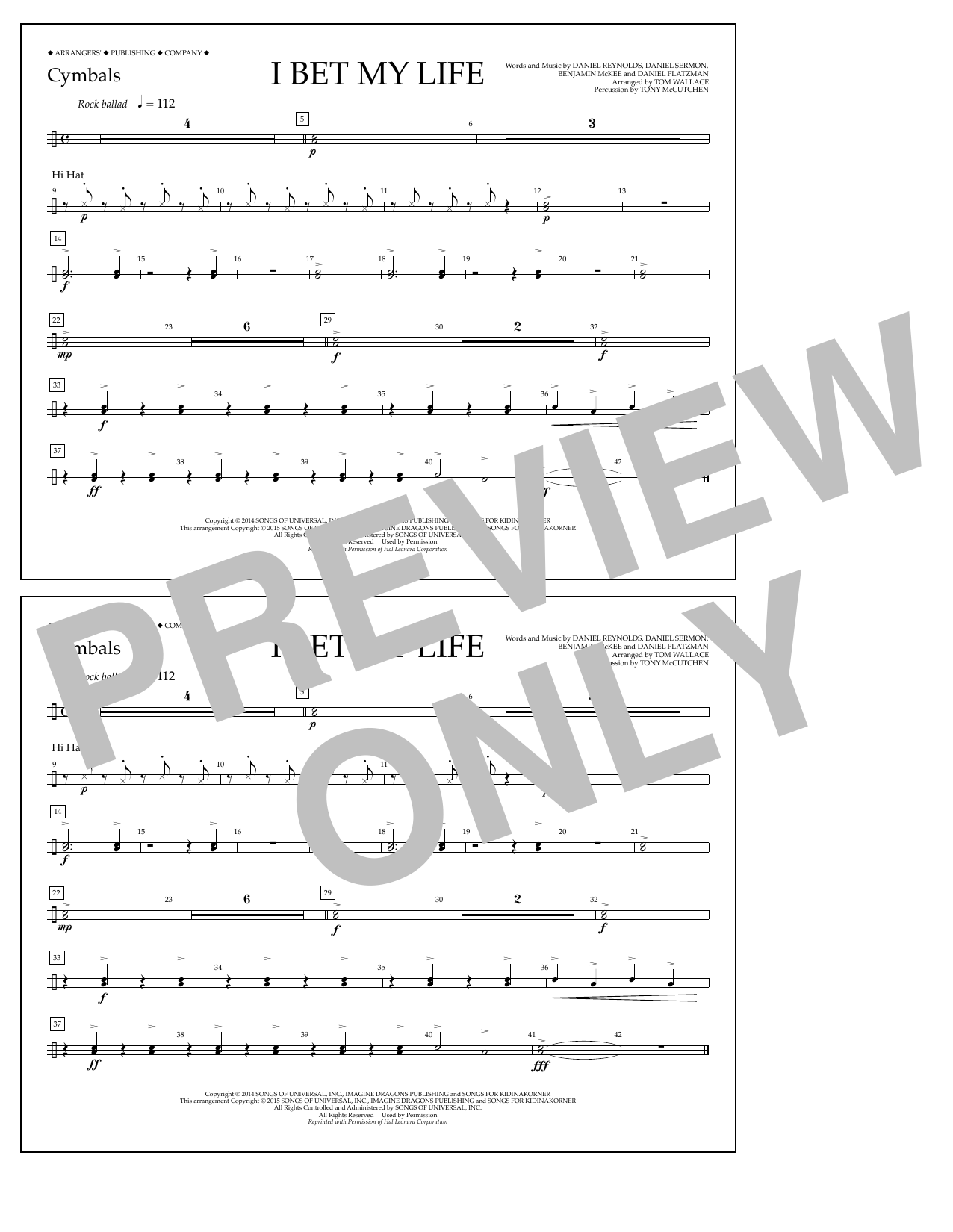 Tom Wallace I Bet My Life - Cymbals Sheet Music Notes & Chords for Marching Band - Download or Print PDF