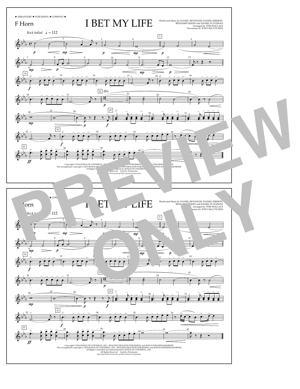 Tom Wallace I Bet My Life - F Horn Sheet Music Notes & Chords for Marching Band - Download or Print PDF