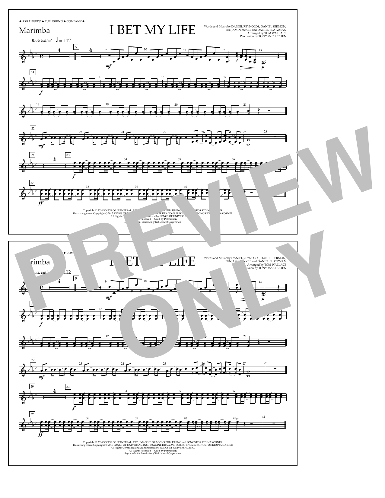 Tom Wallace I Bet My Life - Marimba Sheet Music Notes & Chords for Marching Band - Download or Print PDF