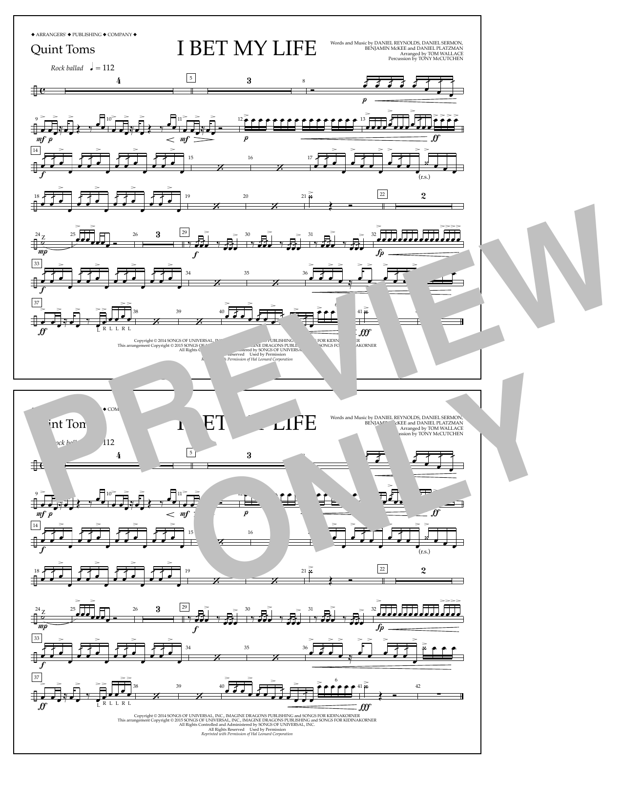 Tom Wallace I Bet My Life - Quint-Toms Sheet Music Notes & Chords for Marching Band - Download or Print PDF