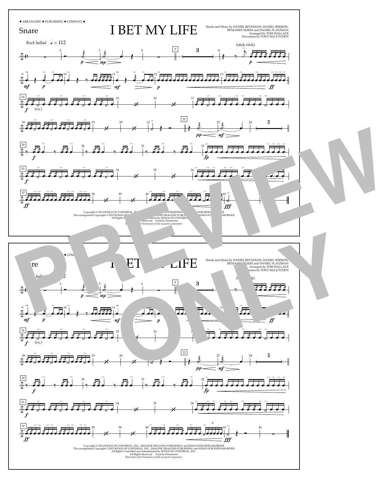 Tom Wallace I Bet My Life - Snare Sheet Music Notes & Chords for Marching Band - Download or Print PDF