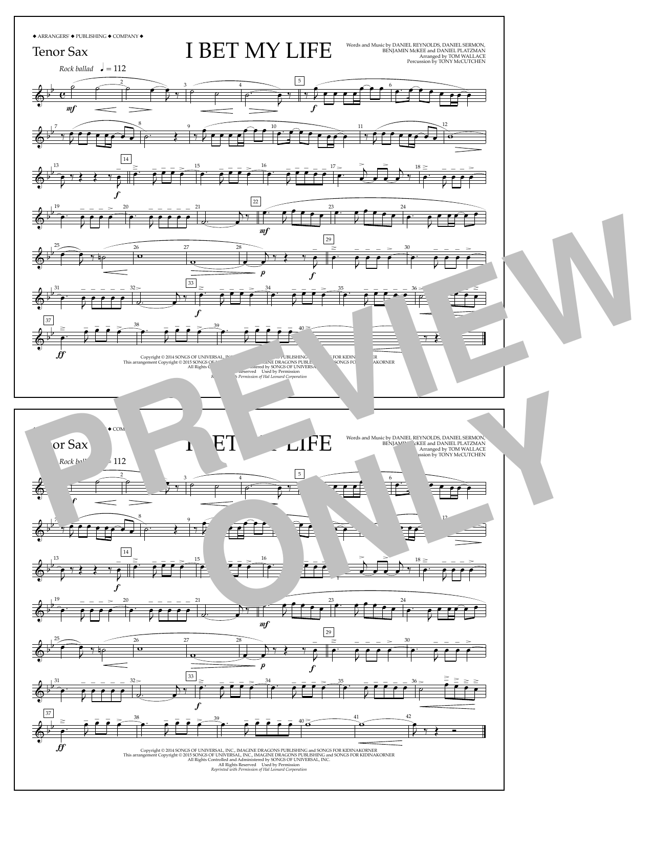 Tom Wallace I Bet My Life - Tenor Sax Sheet Music Notes & Chords for Marching Band - Download or Print PDF