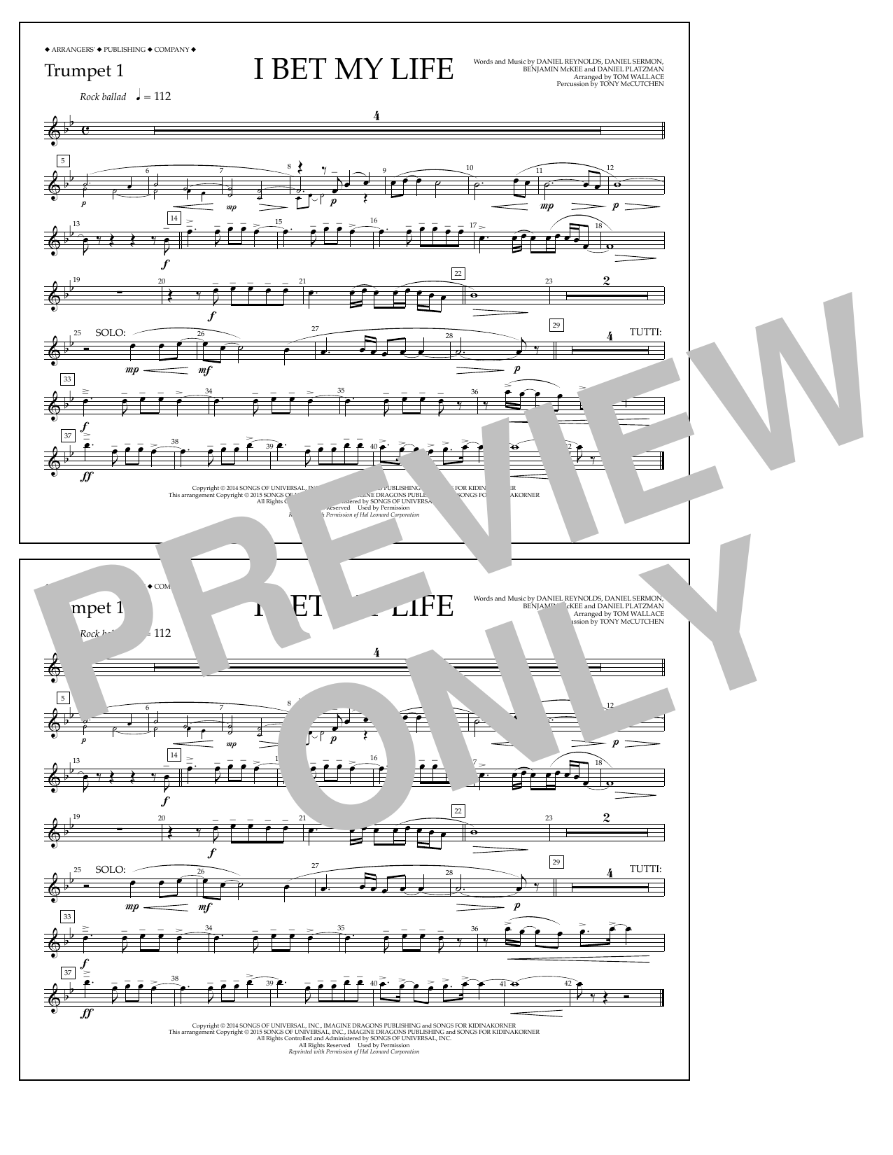 Tom Wallace I Bet My Life - Trumpet 1 Sheet Music Notes & Chords for Marching Band - Download or Print PDF