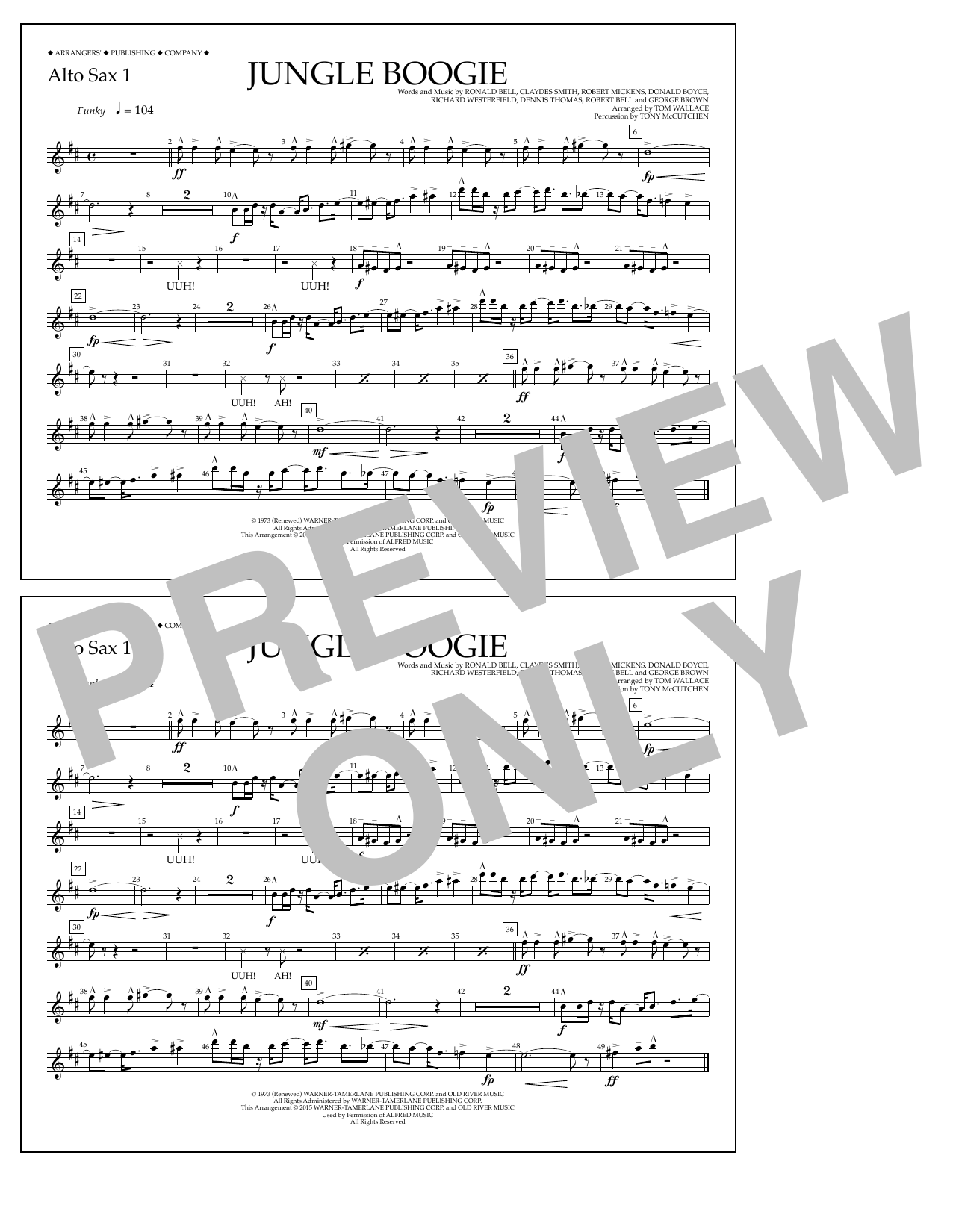 Tom Wallace Jungle Boogie - Alto Sax 1 Sheet Music Notes & Chords for Marching Band - Download or Print PDF