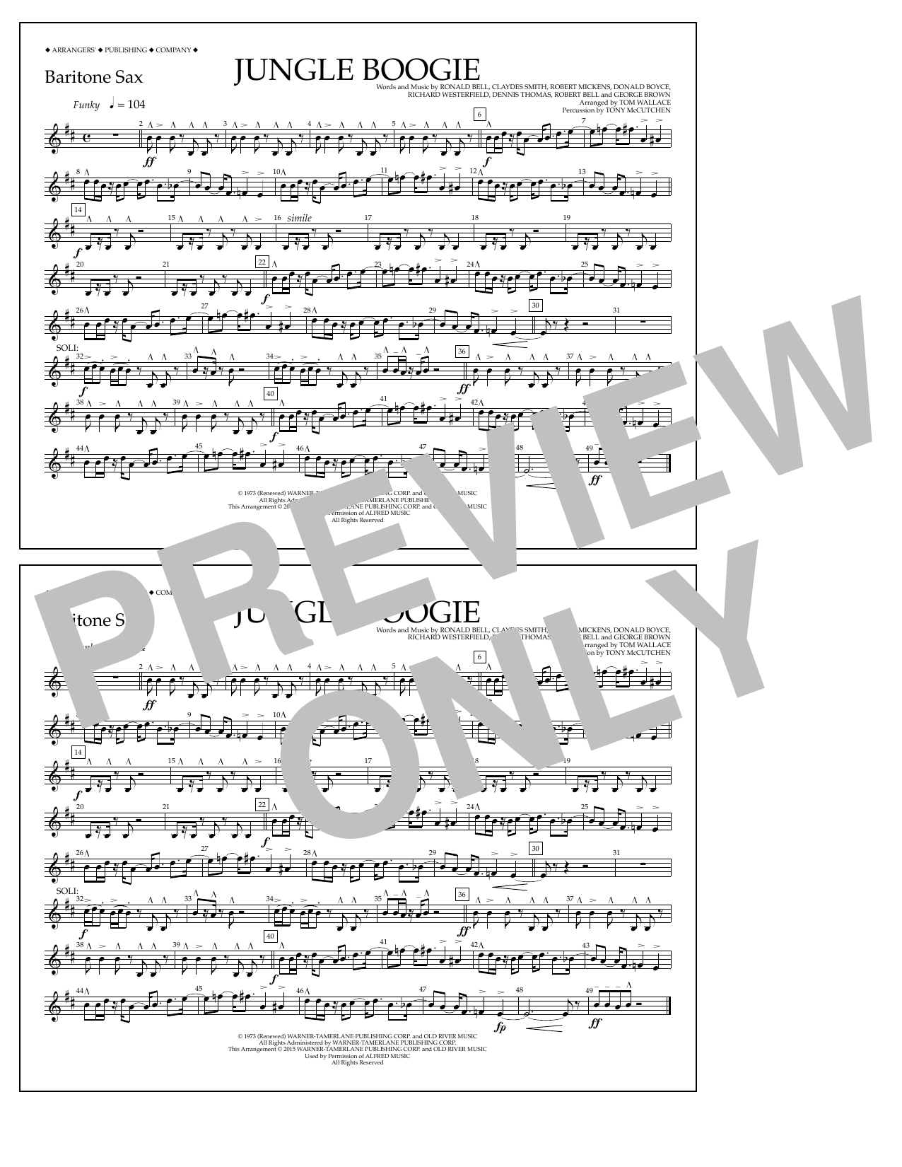 Tom Wallace Jungle Boogie - Baritone Sax Sheet Music Notes & Chords for Marching Band - Download or Print PDF