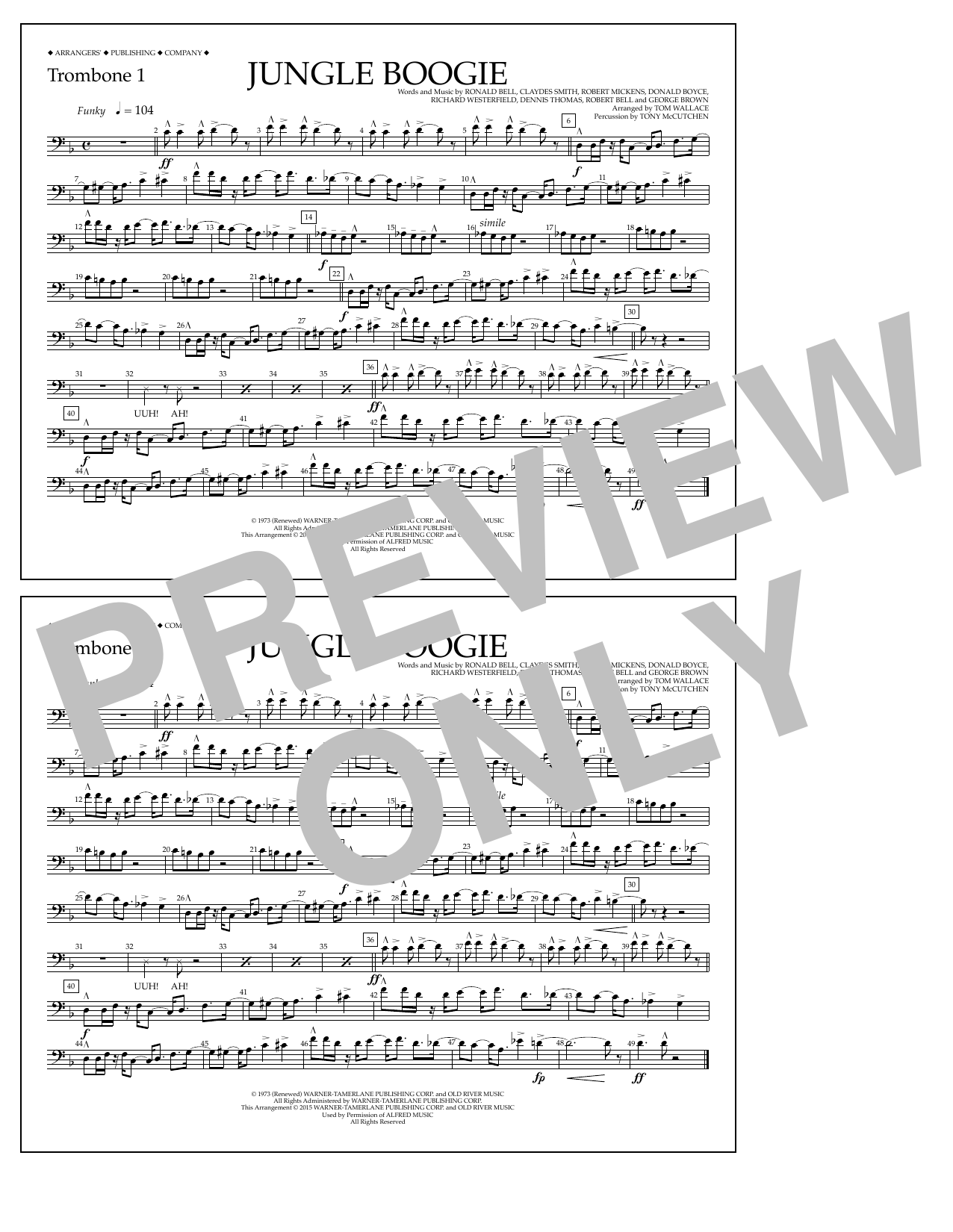 Tom Wallace Jungle Boogie - Trombone 1 Sheet Music Notes & Chords for Marching Band - Download or Print PDF