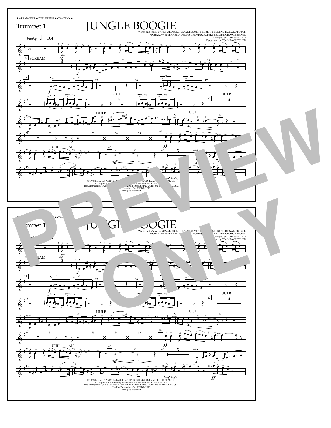 Tom Wallace Jungle Boogie - Trumpet 1 Sheet Music Notes & Chords for Marching Band - Download or Print PDF