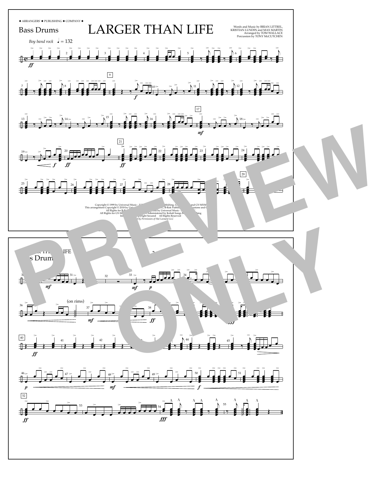 Tom Wallace Larger Than Life - Bass Drums Sheet Music Notes & Chords for Marching Band - Download or Print PDF