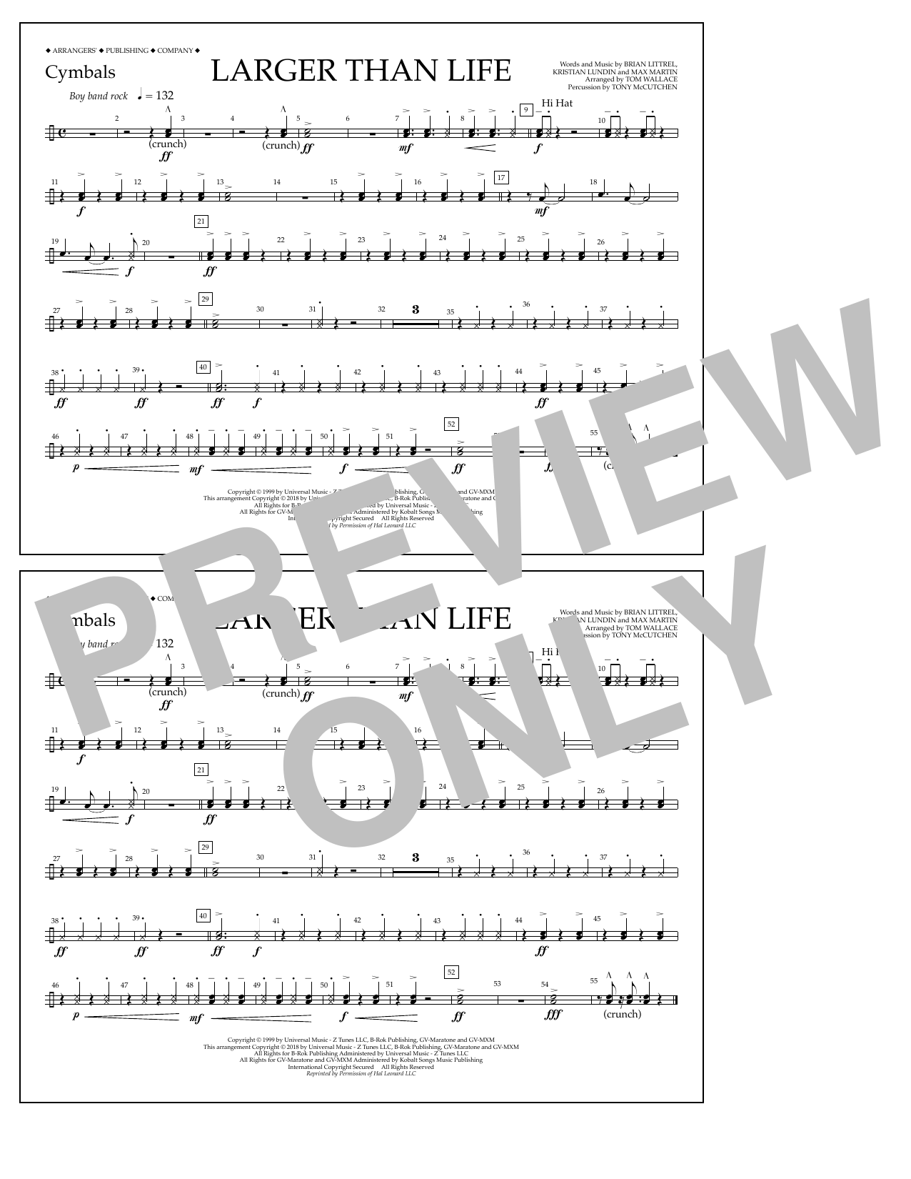 Tom Wallace Larger Than Life - Cymbals Sheet Music Notes & Chords for Marching Band - Download or Print PDF