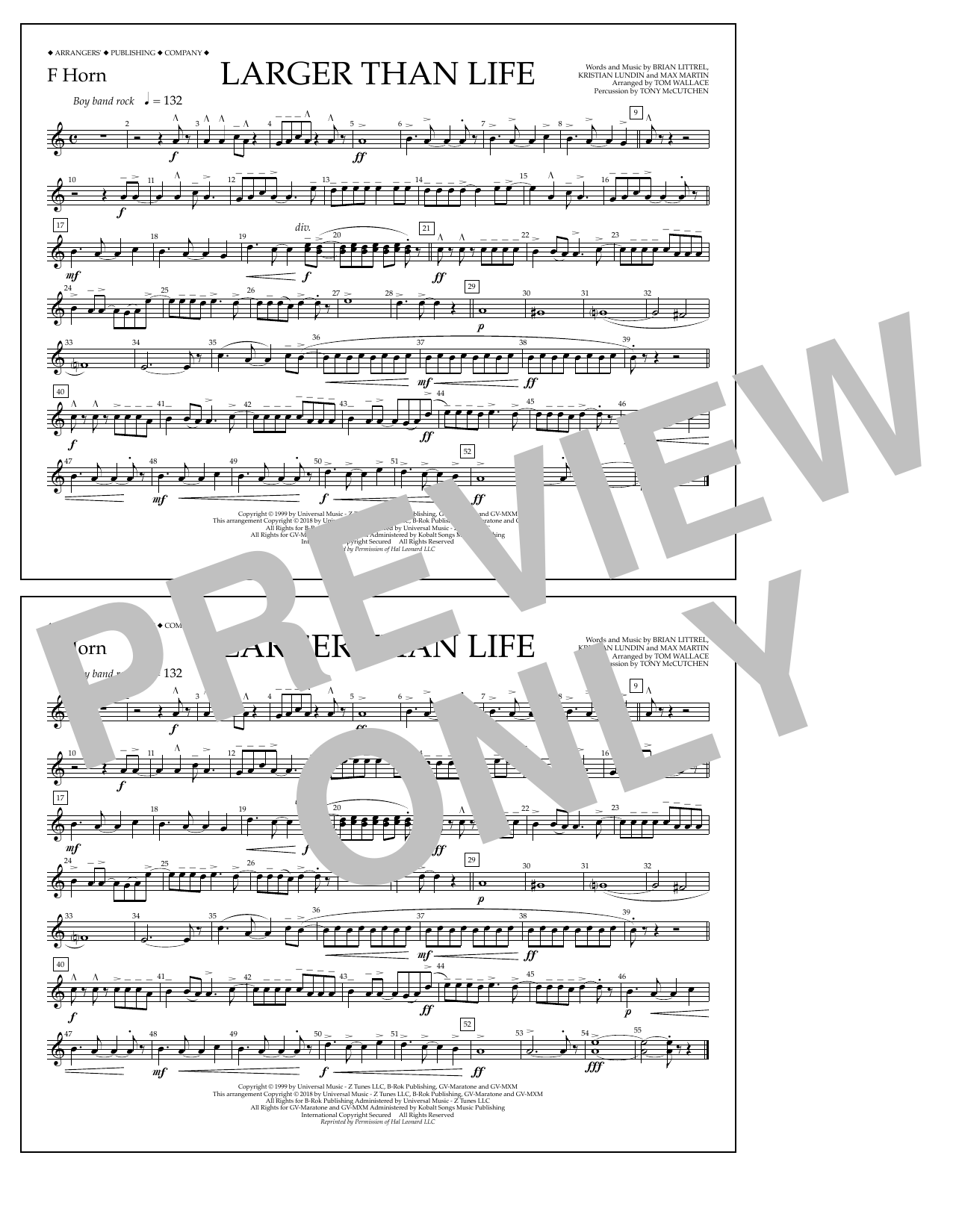 Tom Wallace Larger Than Life - F Horn Sheet Music Notes & Chords for Marching Band - Download or Print PDF