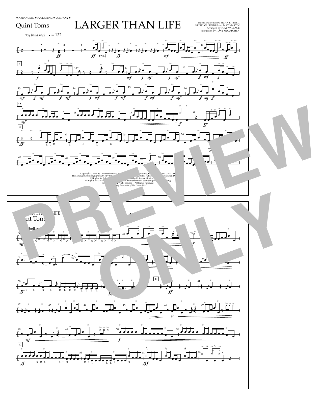 Tom Wallace Larger Than Life - Quint-Toms Sheet Music Notes & Chords for Marching Band - Download or Print PDF