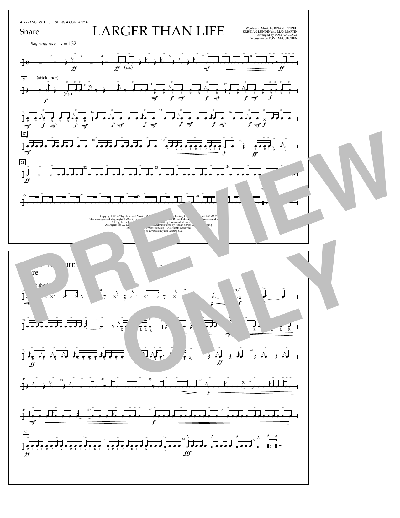 Tom Wallace Larger Than Life - Snare Sheet Music Notes & Chords for Marching Band - Download or Print PDF