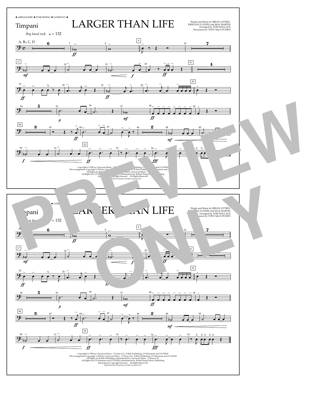 Tom Wallace Larger Than Life - Timpani Sheet Music Notes & Chords for Marching Band - Download or Print PDF