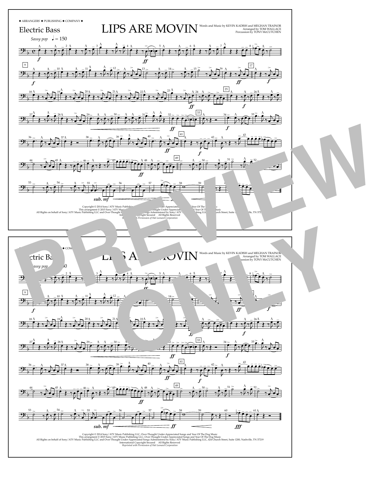 Tom Wallace Lips Are Movin - Electric Bass Sheet Music Notes & Chords for Marching Band - Download or Print PDF