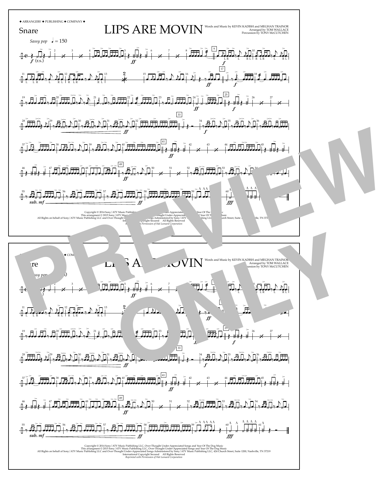 Tom Wallace Lips Are Movin - Snare Sheet Music Notes & Chords for Marching Band - Download or Print PDF