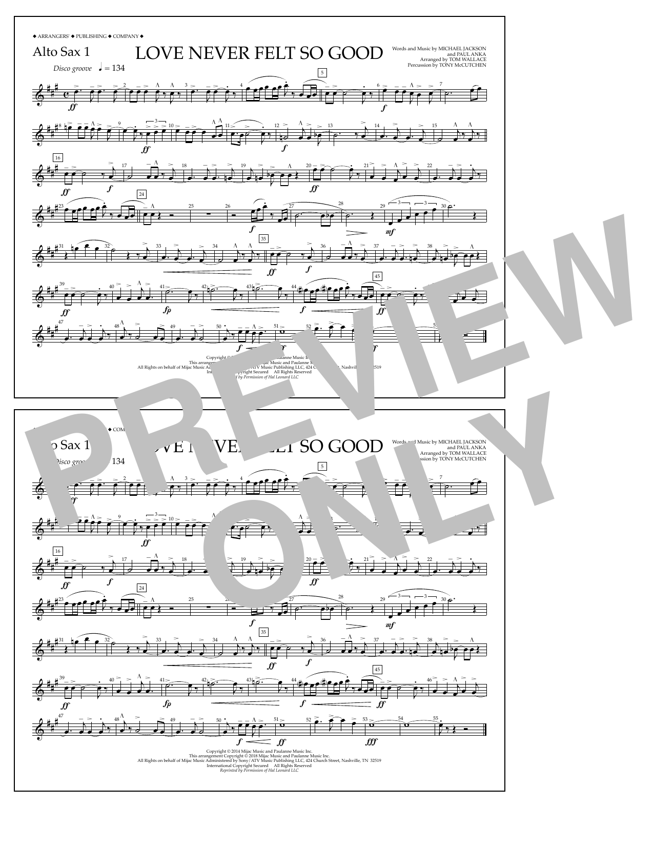 Tom Wallace Love Never Felt So Good - Alto Sax 1 Sheet Music Notes & Chords for Marching Band - Download or Print PDF