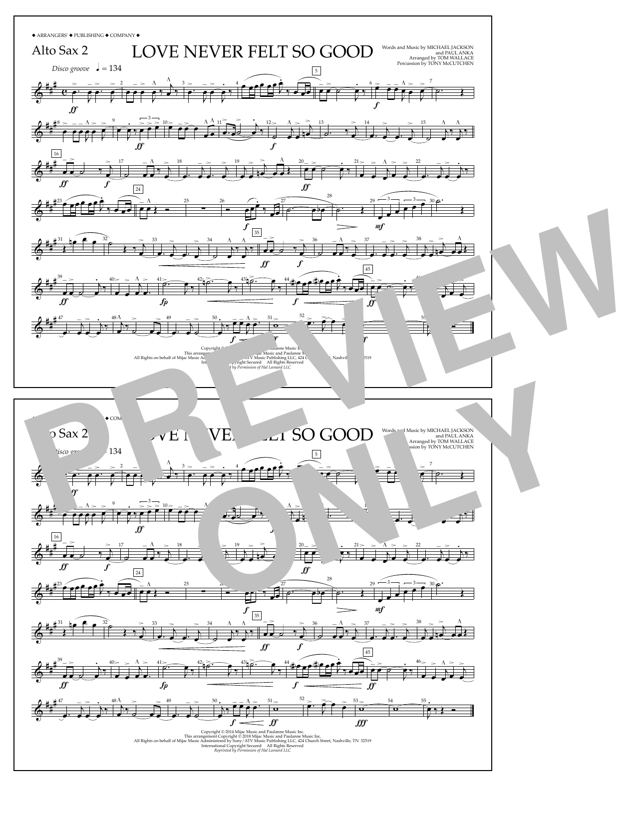 Tom Wallace Love Never Felt So Good - Alto Sax 2 Sheet Music Notes & Chords for Marching Band - Download or Print PDF