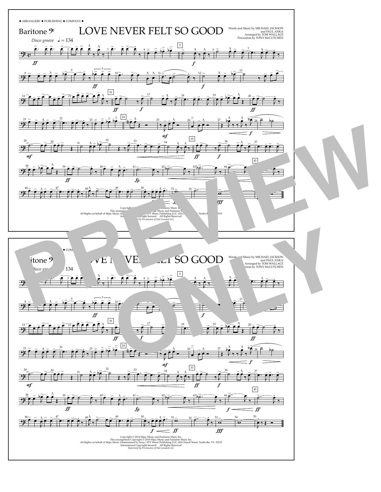 Tom Wallace Love Never Felt So Good - Baritone B.C. Sheet Music Notes & Chords for Marching Band - Download or Print PDF
