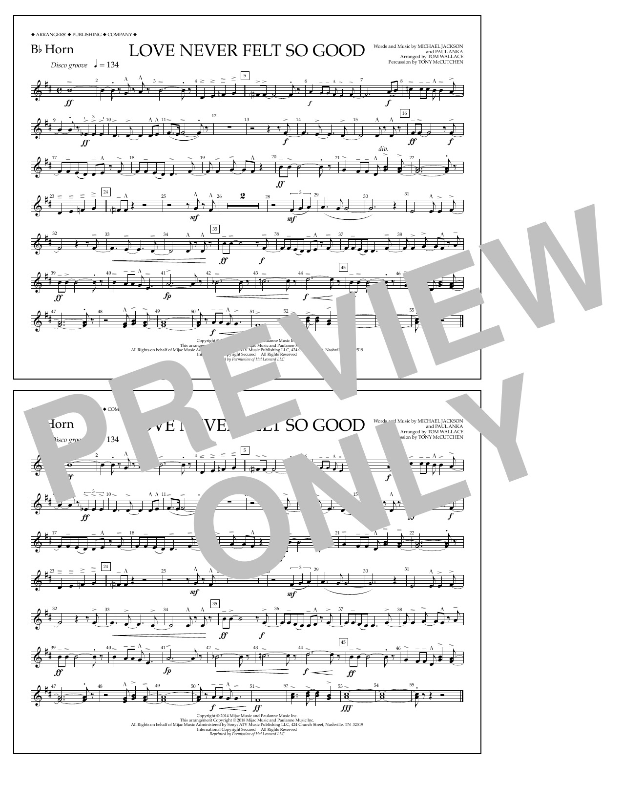 Tom Wallace Love Never Felt So Good - Bb Horn Sheet Music Notes & Chords for Marching Band - Download or Print PDF