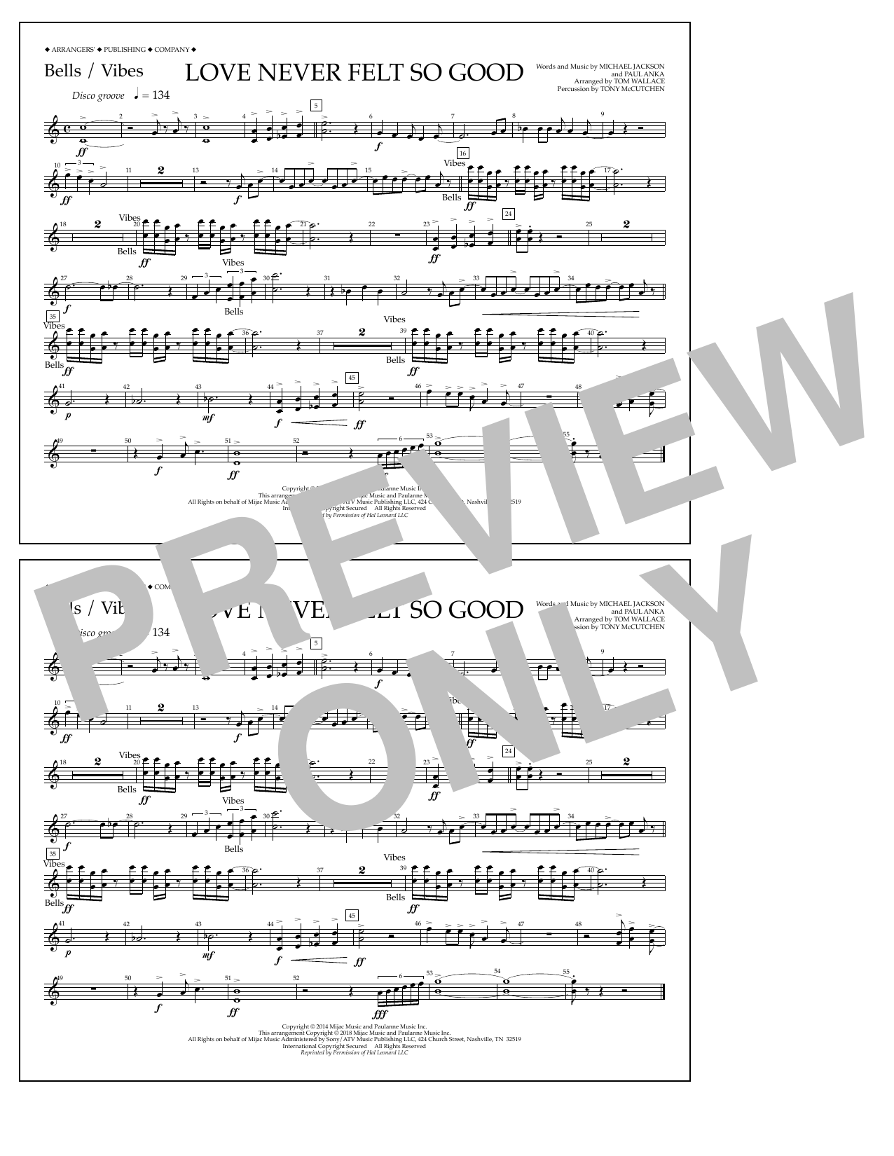 Tom Wallace Love Never Felt So Good - Bells/Vibes Sheet Music Notes & Chords for Marching Band - Download or Print PDF
