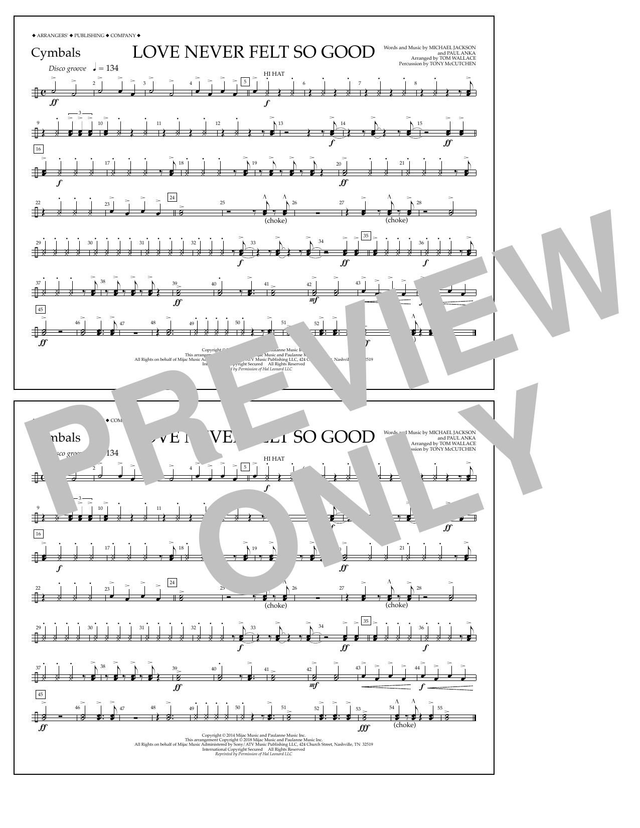 Tom Wallace Love Never Felt So Good - Cymbals Sheet Music Notes & Chords for Marching Band - Download or Print PDF