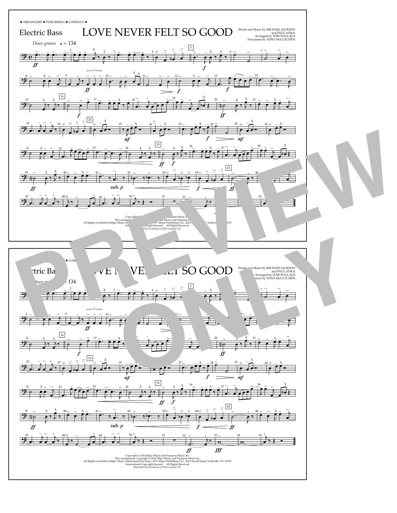 Tom Wallace Love Never Felt So Good - Electric Bass Sheet Music Notes & Chords for Marching Band - Download or Print PDF