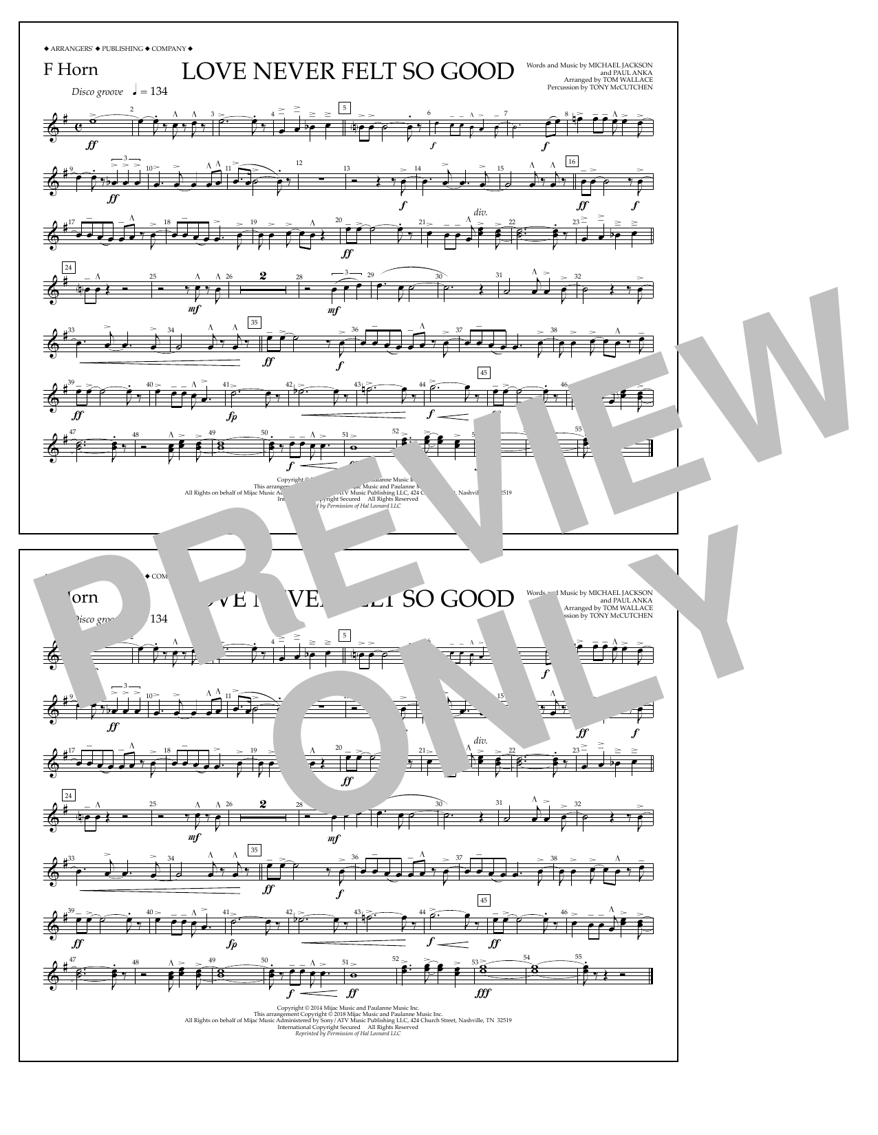 Tom Wallace Love Never Felt So Good - F Horn Sheet Music Notes & Chords for Marching Band - Download or Print PDF