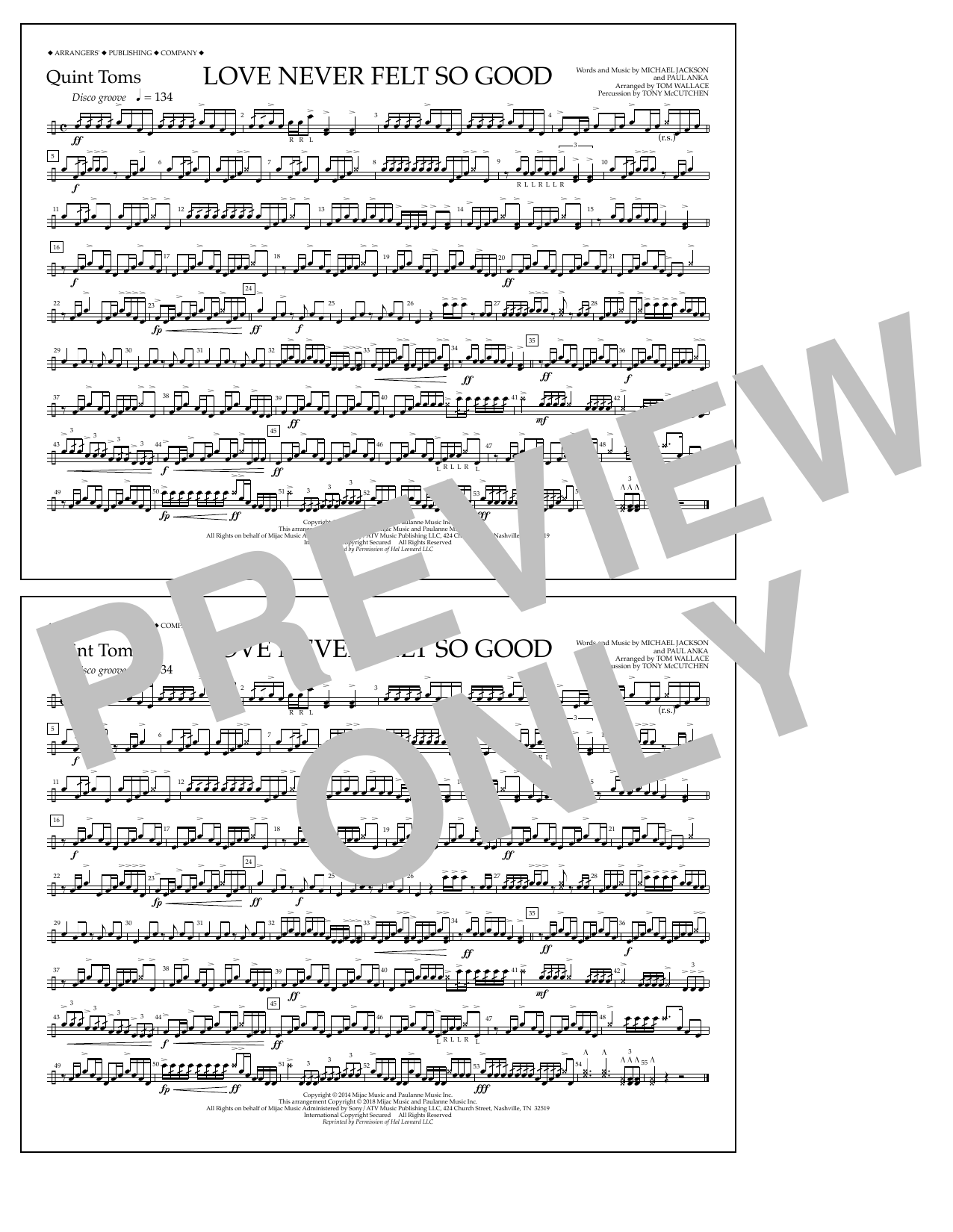 Tom Wallace Love Never Felt So Good - Quint-Toms Sheet Music Notes & Chords for Marching Band - Download or Print PDF