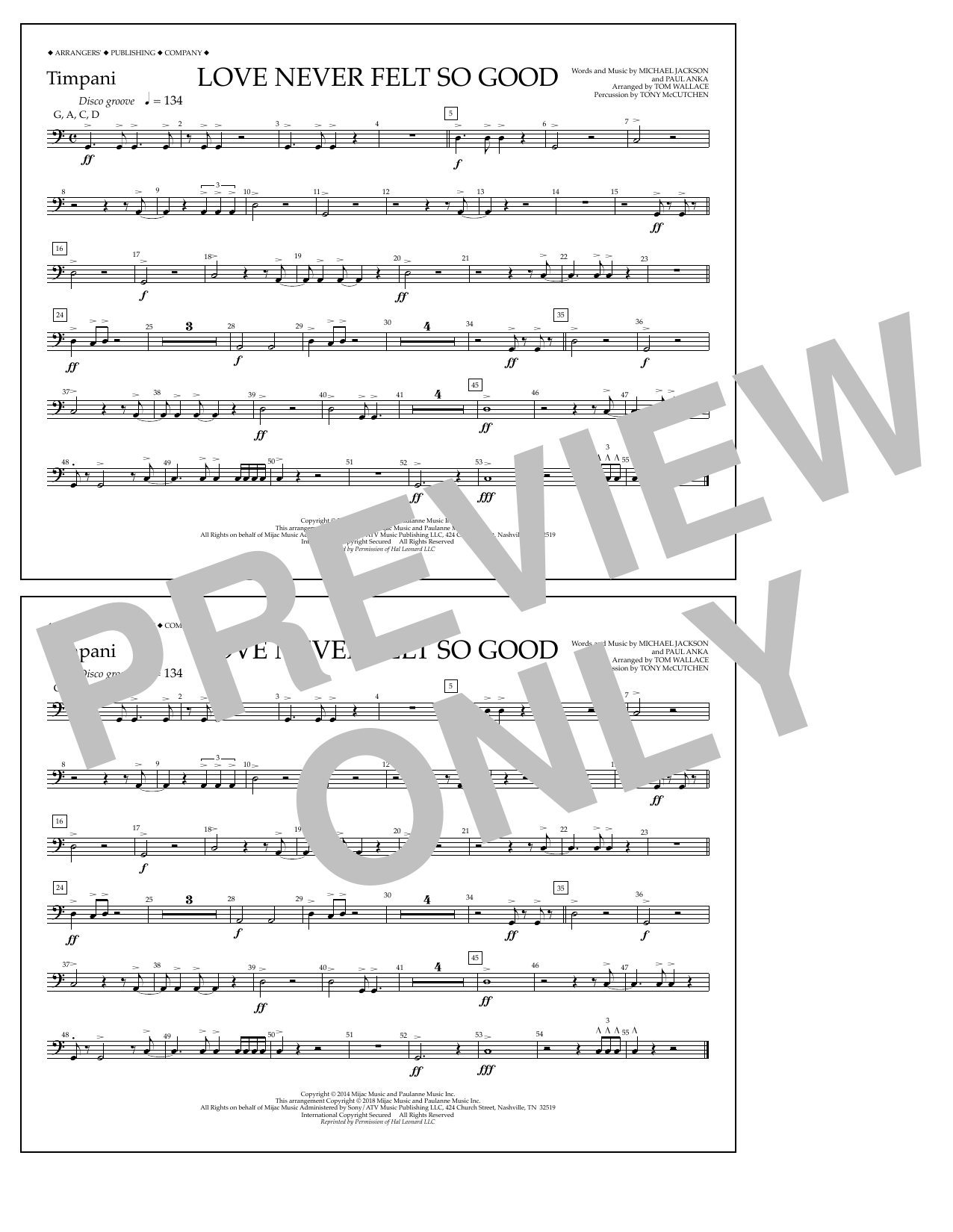Tom Wallace Love Never Felt So Good - Timpani Sheet Music Notes & Chords for Marching Band - Download or Print PDF